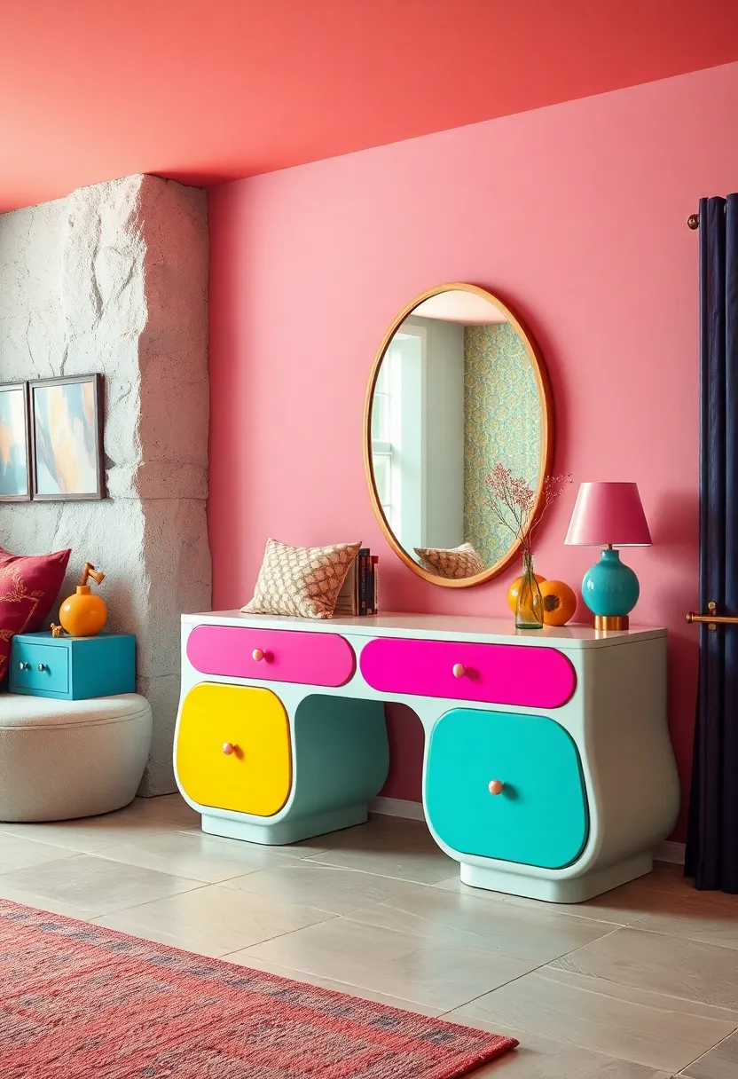 A Retro-inspired ⁤Dressing Table with Curved ‍Edges and Brightly⁣ Colored Drawers for Personality