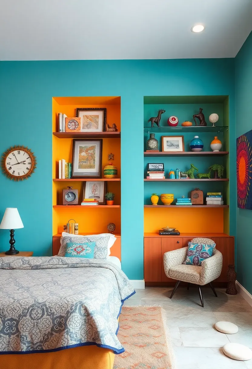 Custom Built-In Shelves Displaying Retro Collectibles and funky ⁣Decor Elements in Bold Colors