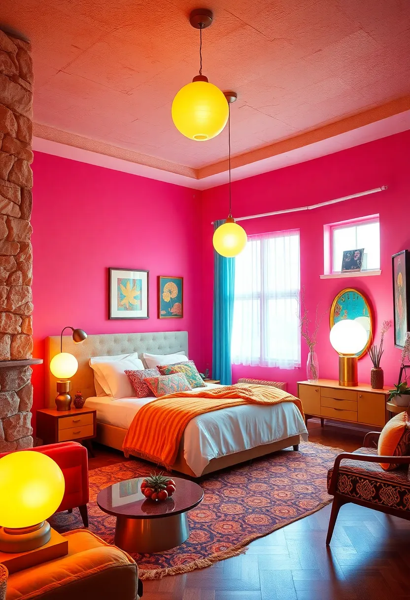 retro Lighting⁣ Fixtures​ with Globe pendants and ⁣Lava Lamps creating a ​Playful⁤ Ambient Glow