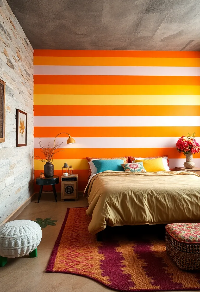 Creating Visual Impact with Bold Horizontal Stripes in retro Hues ⁤Spanning Bedroom Walls