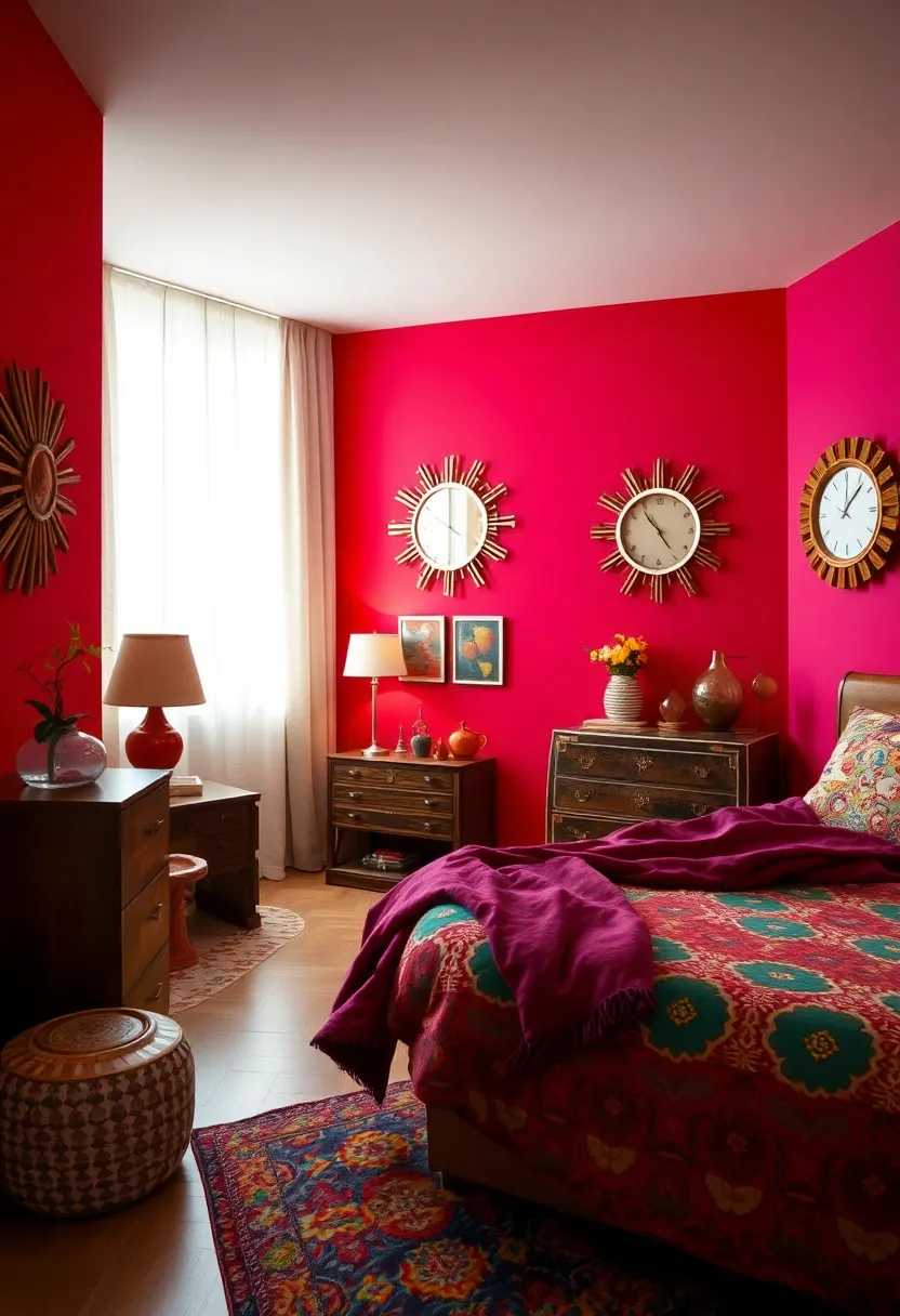 Iconic Sunburst Mirrors and Vintage Wall Clocks as Perfect Accents⁣ for a Funky 70s Bedroom