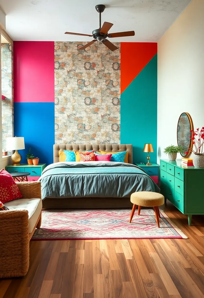 A Statement Wall Featuring Geometric⁤ Patterns⁣ and Bold Color Blocking Inspired by ‌1970s Interior Trends