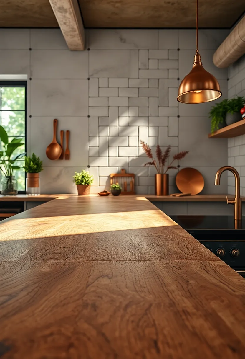 Artisan⁢ Crafted Rustic​ Countertop Textures Featuring Knots and ​Imperfections Amidst a⁢ Background ​of Copper Utensils