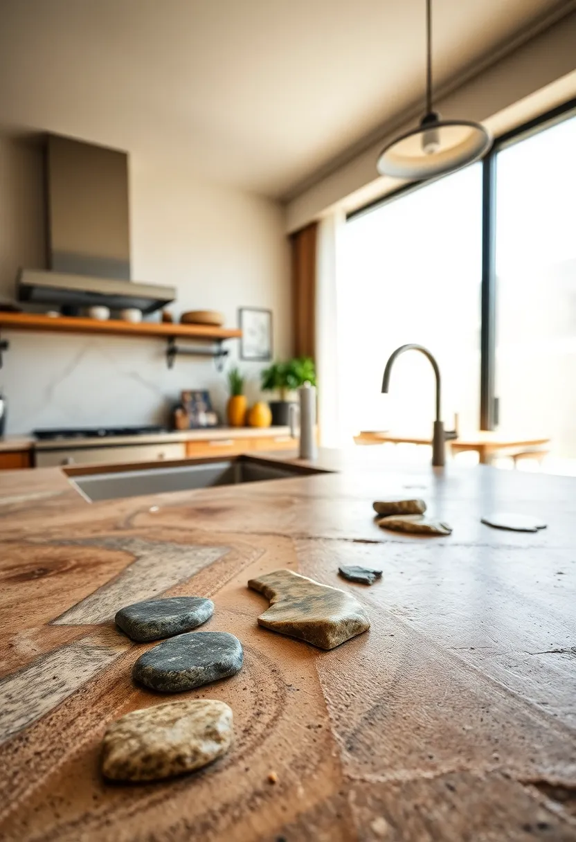 Close-Up of a Rustic Countertop Surface Incorporating Embedded River Stones and ​Organic Shapes