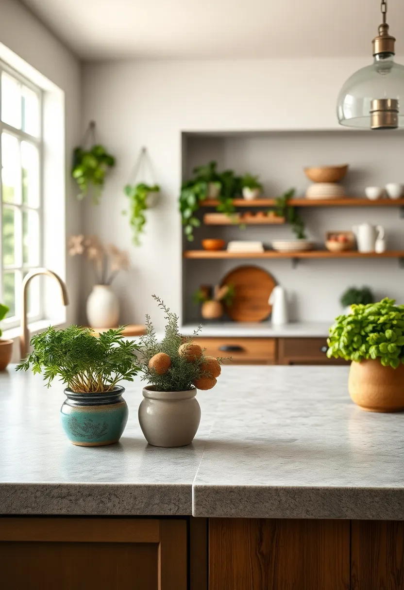 A Cozy ⁤Farmhouse Kitchen with ​Stone ⁣Rustic ⁢Countertops and‌ Freshly Picked Herbs in Ceramic Pots