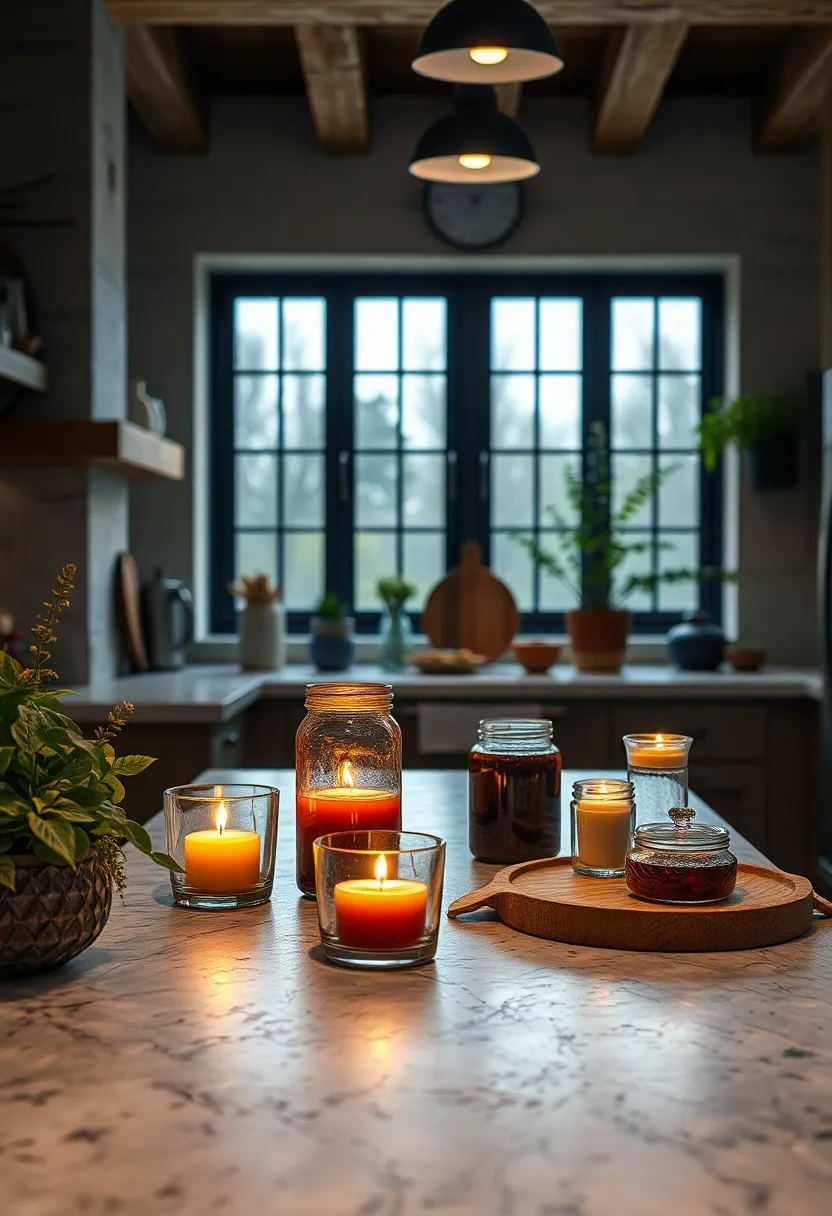 Early Evening ⁤Kitchen Scene Highlighting Rustic Countertops with Lit Candles and Homemade Jam Jars in ⁢glass Bowls