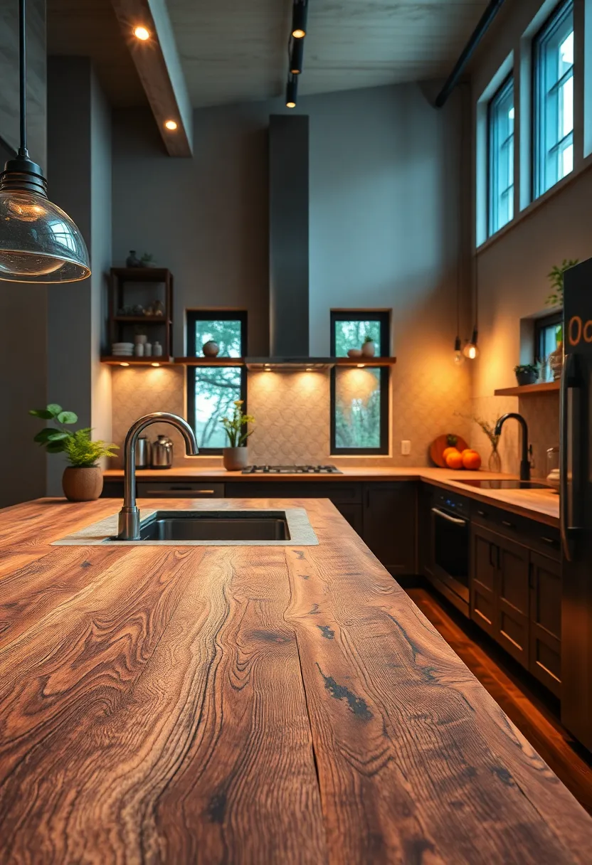 Eclectic ​Collection of Rustic Kitchen Countertops Featuring Distressed Wood and ⁤Inlaid Metal Accents Under Soft Ambient Lighting