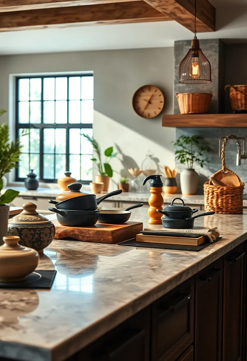 Elegant Rustic Kitchen Countertop Display with Handcrafted Pottery, Cast Iron Skillets,​ and Woven Baskets