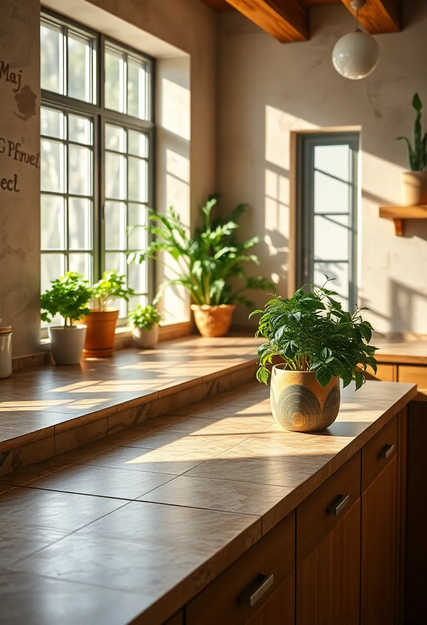 Inviting Rustic Kitchen Countertop​ with Hand-Painted Ceramic Tiles and Fresh Herb planters in⁢ Sun-Drenched Windows