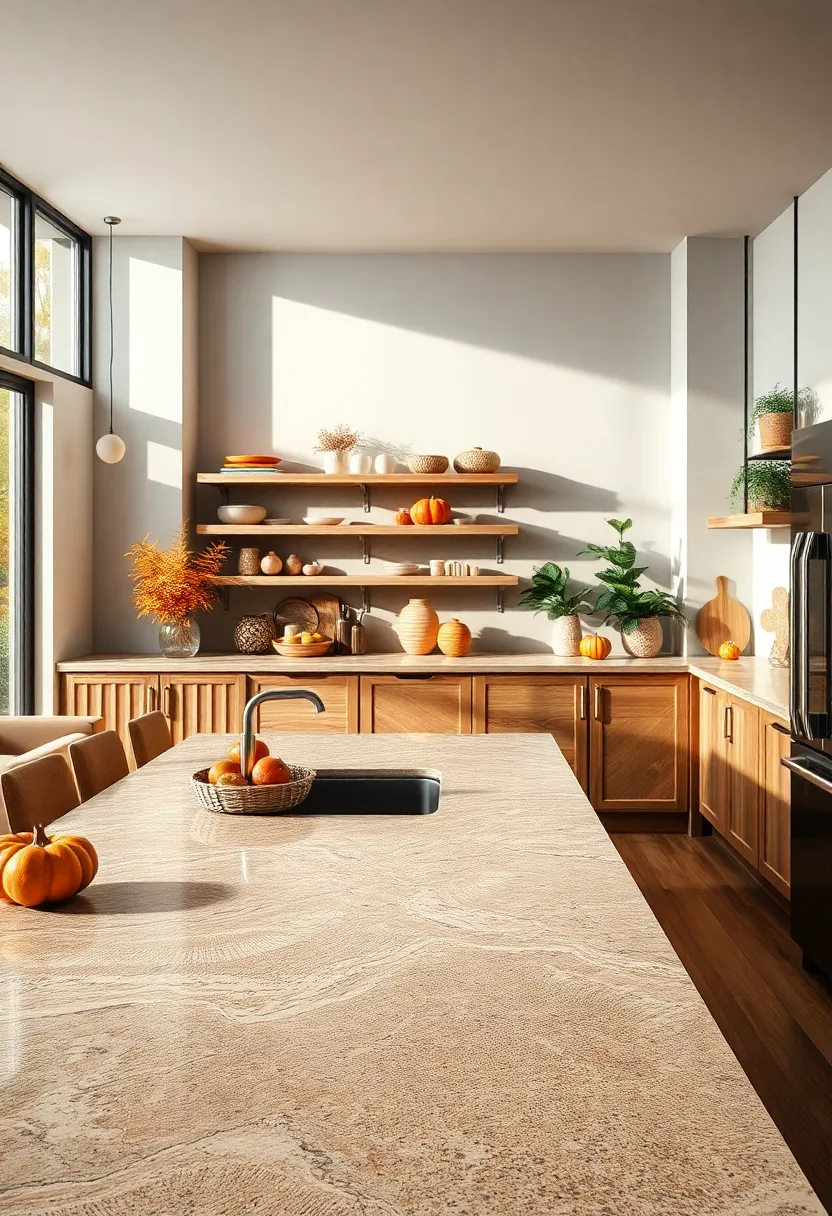 Natural Stone Rustic‍ countertops With Visible Fossil patterns Surrounded by Wooden Shelves ⁣and Autumn Decor
