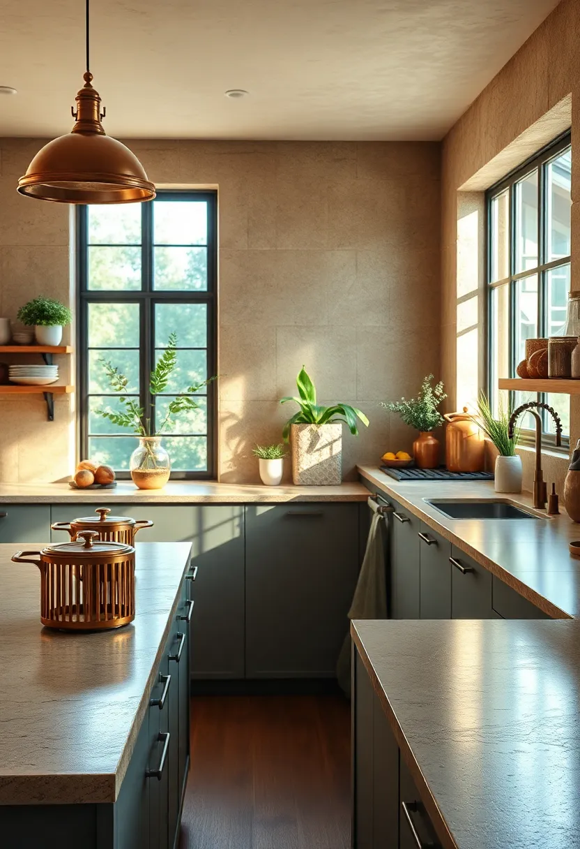 Rustic Kitchen Countertops Bathed in‍ Warm Natural Light with Vintage Copper⁢ Pans and ‌Earthy Accessories