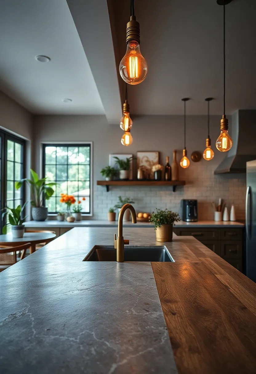 Rustic Kitchen Countertops Paired with Antique Brass Fixtures Under Soft Glowing Edison ​Bulbs