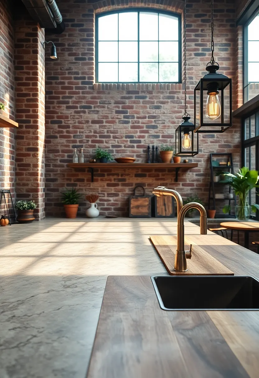 Rustic Kitchen countertops Against a Backdrop of​ Exposed Brick Walls and Vintage Lanterns Casting Soft‍ Shadows