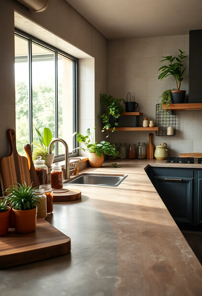 Rustic Kitchen Countertop with naturally Aged Patina Surrounded by Antique ⁣Cutting Boards and Colorful Spice Jars