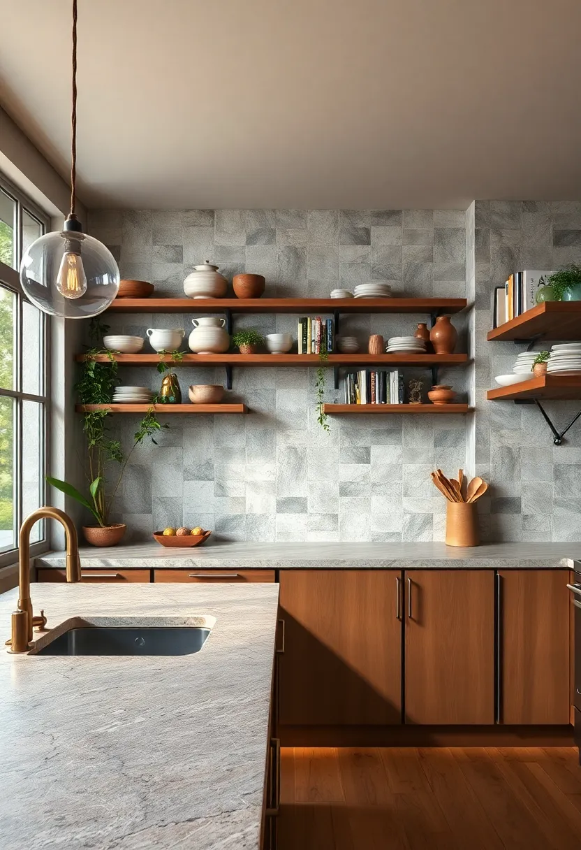 Rustic Kitchen Countertops Complemented by Open Wooden Shelves ⁤Displaying Earth-Toned Ceramics and Rustic Cookbooks