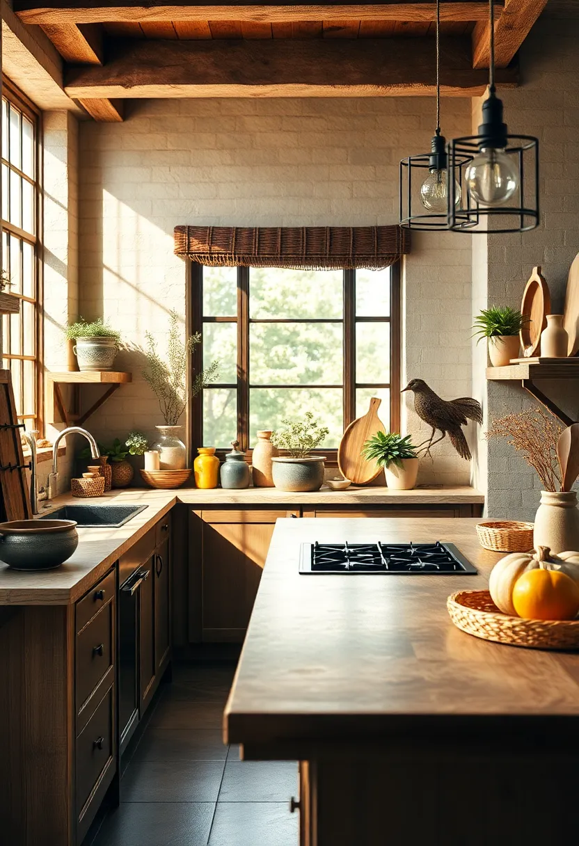 Rustic Kitchen Countertops Rich with Warm Tones Surrounded by ⁢Harvest-Inspired Decor ⁣and Vintage Baking Tools