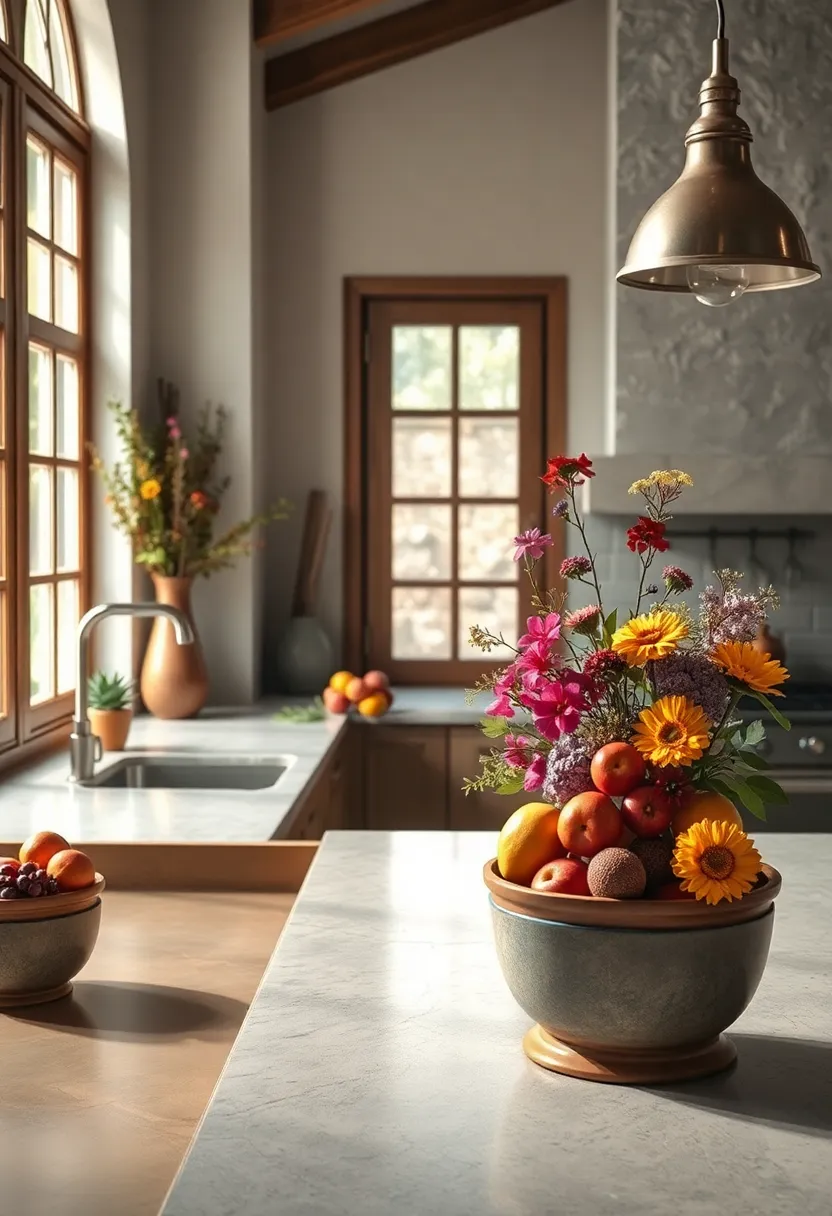 A Serene Corner of Rustic ⁣Kitchen Countertops with Clay Bowls Filled with seasonal‍ Fruits and Wildflowers