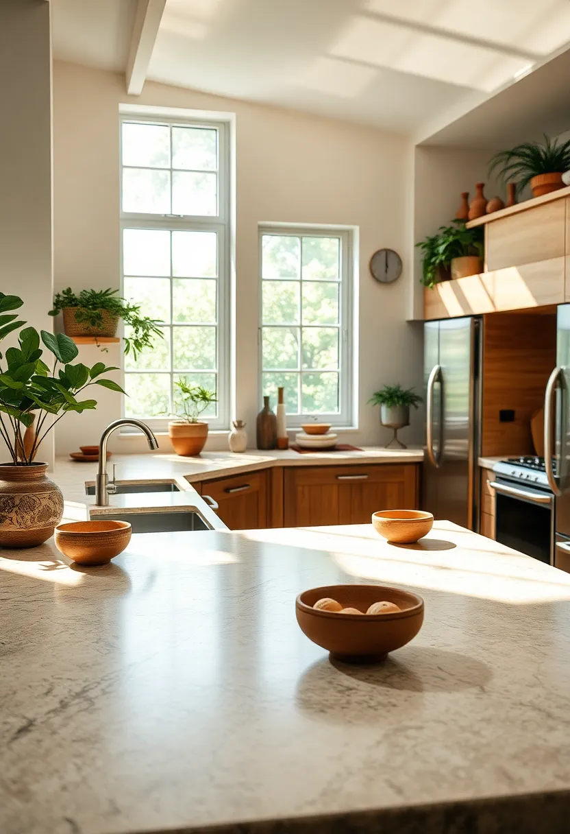 sun-Dappled Rustic Kitchen Countertops Accompanied by a Mix of Earthenware Bowls and Modern stainless steel Appliances