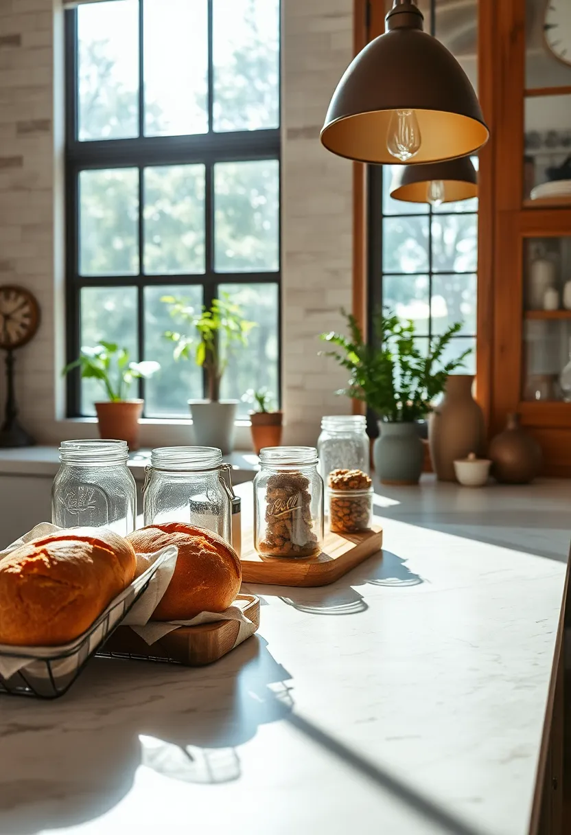Sunlit Morning⁤ Scene Featuring a Rustic Kitchen Countertop adorned with Freshly baked​ Bread and Mason Jars