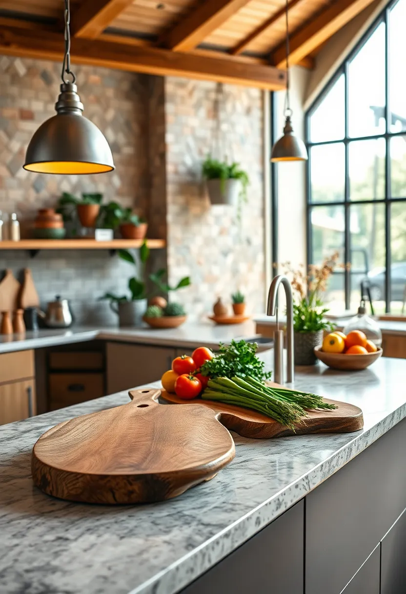 Warm and Inviting Rustic​ Kitchen Countertops Showcasing Hand-Carved wooden Cutting Boards and Fresh Vegetables