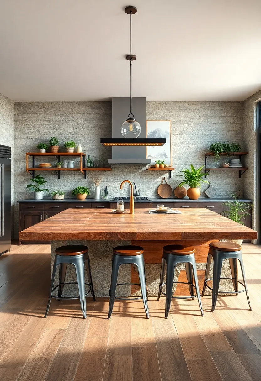Wide⁣ View of a Rustic Kitchen island with‍ Reclaimed Wood Countertops Surrounded by⁤ Industrial⁣ Metal Stools