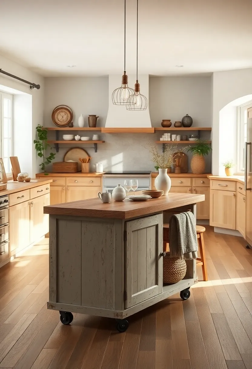 A compact,mobile island with a distressed finish and a built-in bench to effortlessly adapt to different spaces