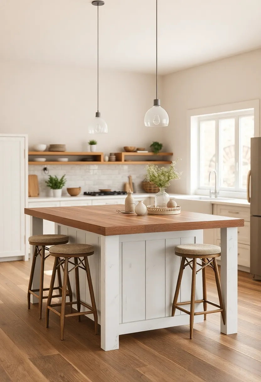 Distressed white island with a butcher block top and bar stools tucked neatly underneath