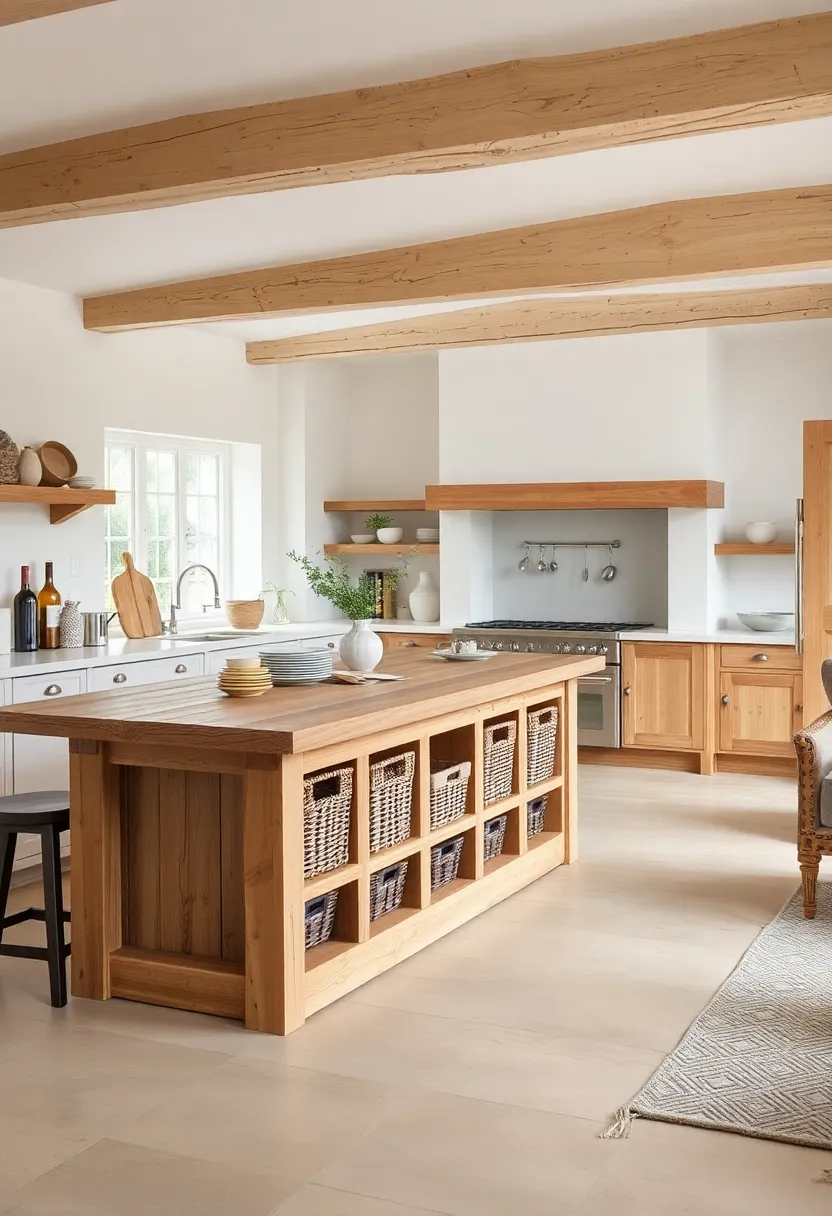 Handcrafted oak island featuring open baskets for storage and a plank-style top for a lived-in feel