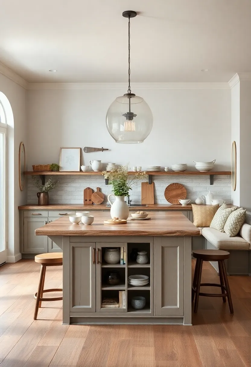 Hand-painted island with muted tones, open shelving, and a cozy built-in banquette for family gatherings