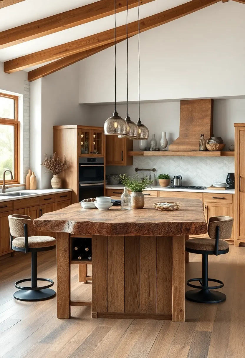 Island made from rough-hewn timber with integrated wine racks and swivel seating for entertaining guests