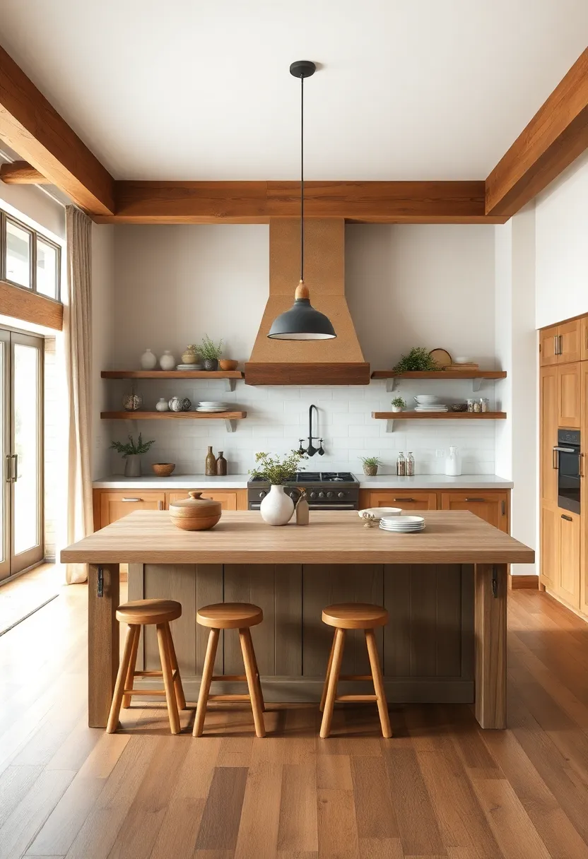 Island featuring reclaimed ceiling beams as support posts with a light wooden top and stool seating