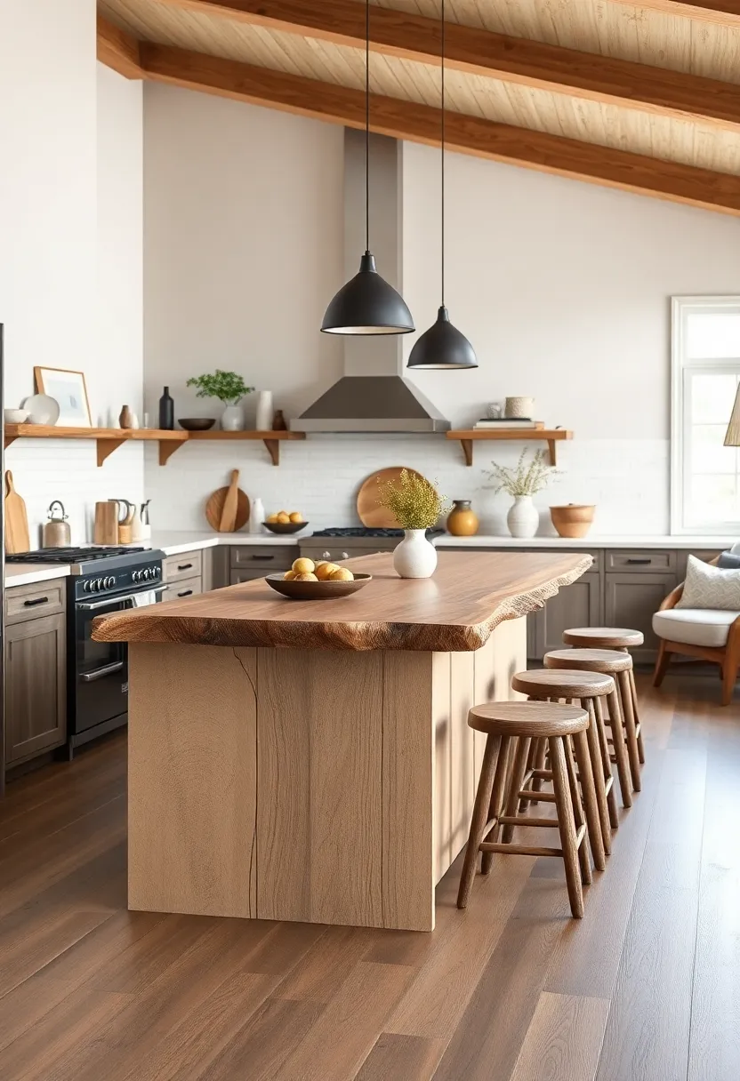 Island with a live-edge wood slab countertop and mismatched vintage stools to enhance the natural aesthetic