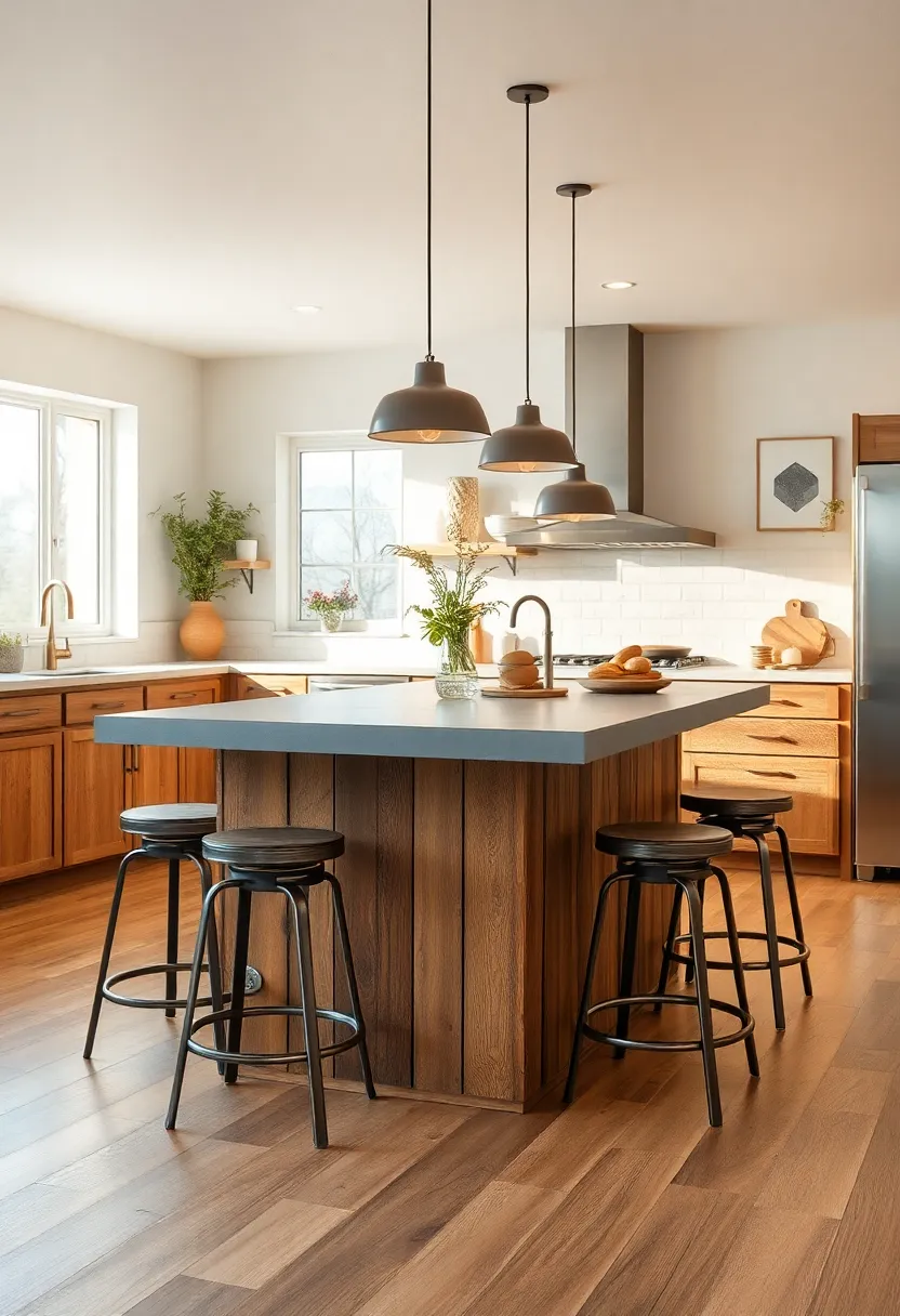 Island featuring a reclaimed wood base with a concrete countertop and industrial-style metal stools