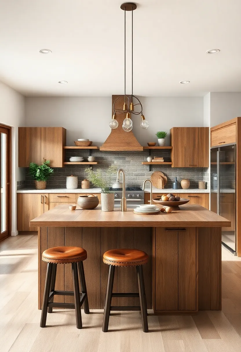 Island crafted from barn wood panels with leather stools that add warmth and texture