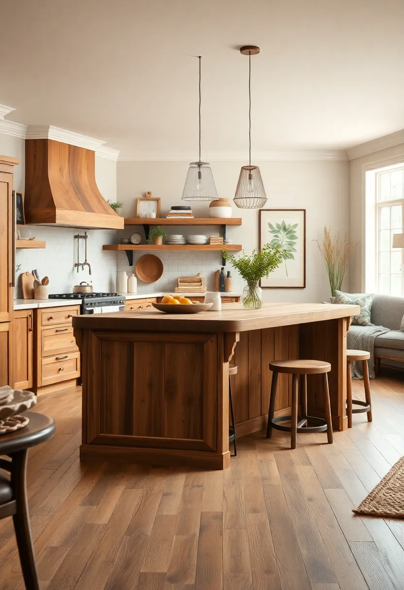 Large butcher block island with built-in spice racks and a side breakfast nook fitted with a rustic bench
