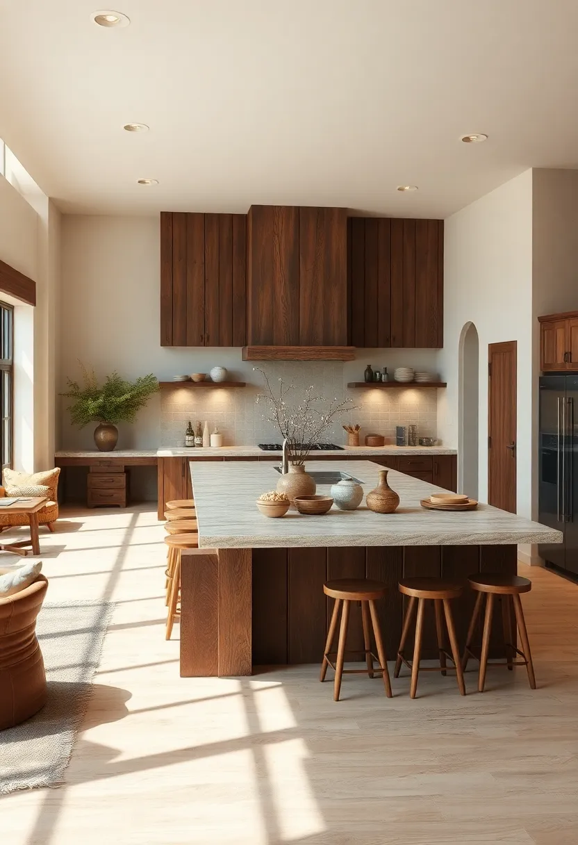 Mixing natural stone countertops with weathered wood bases on a large island with bar seating