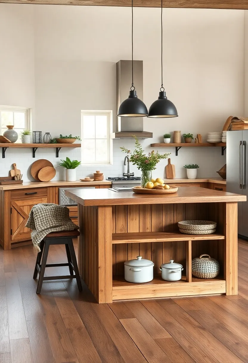 Reclaimed wood island featuring a built-in bench and open shelving for a cozy, farmhouse appeal