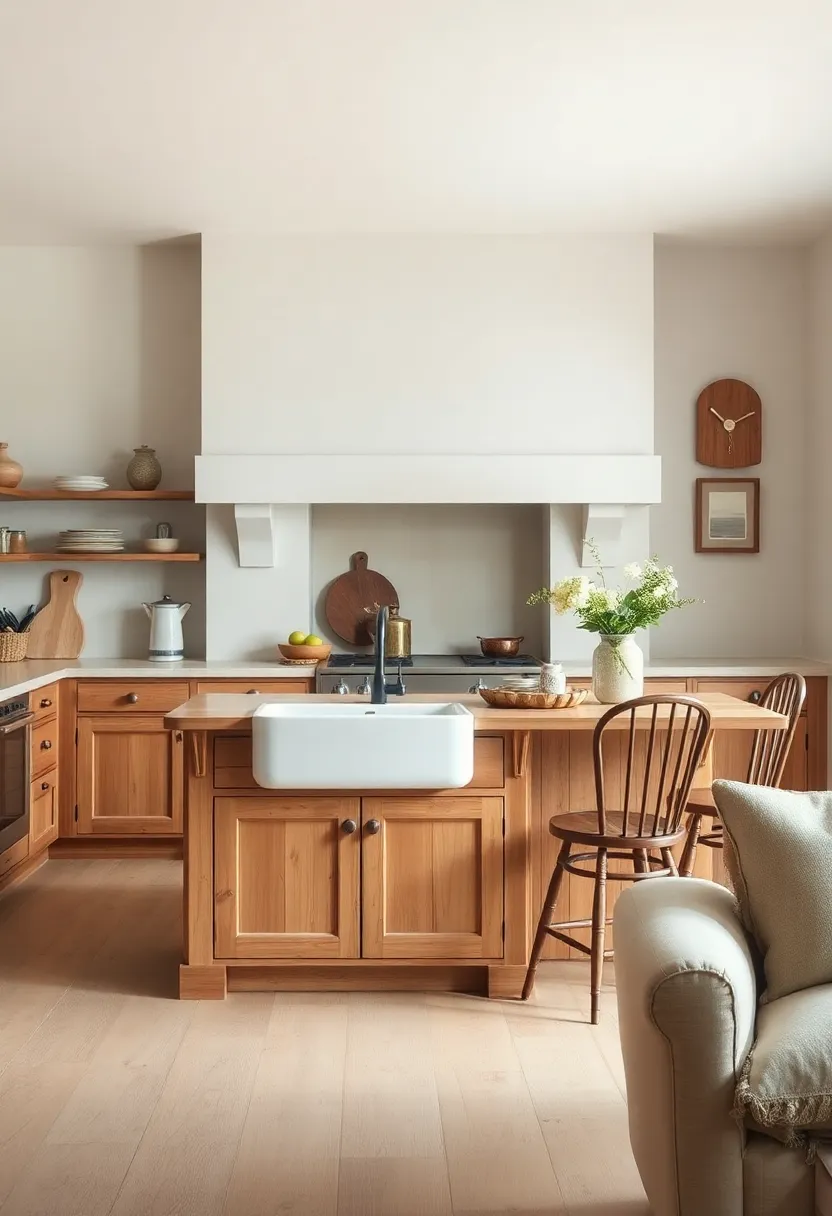 rustic cabinetry island with an enamel sink and side seating framed by vintage spindle-back chairs