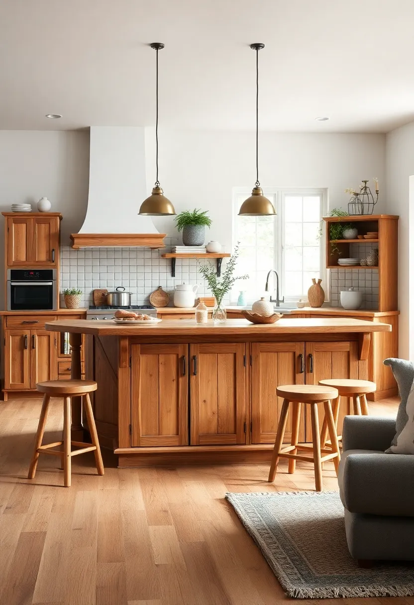 Rustic pine island with distressed paint,barn door cabinet fronts,and matching backless stools