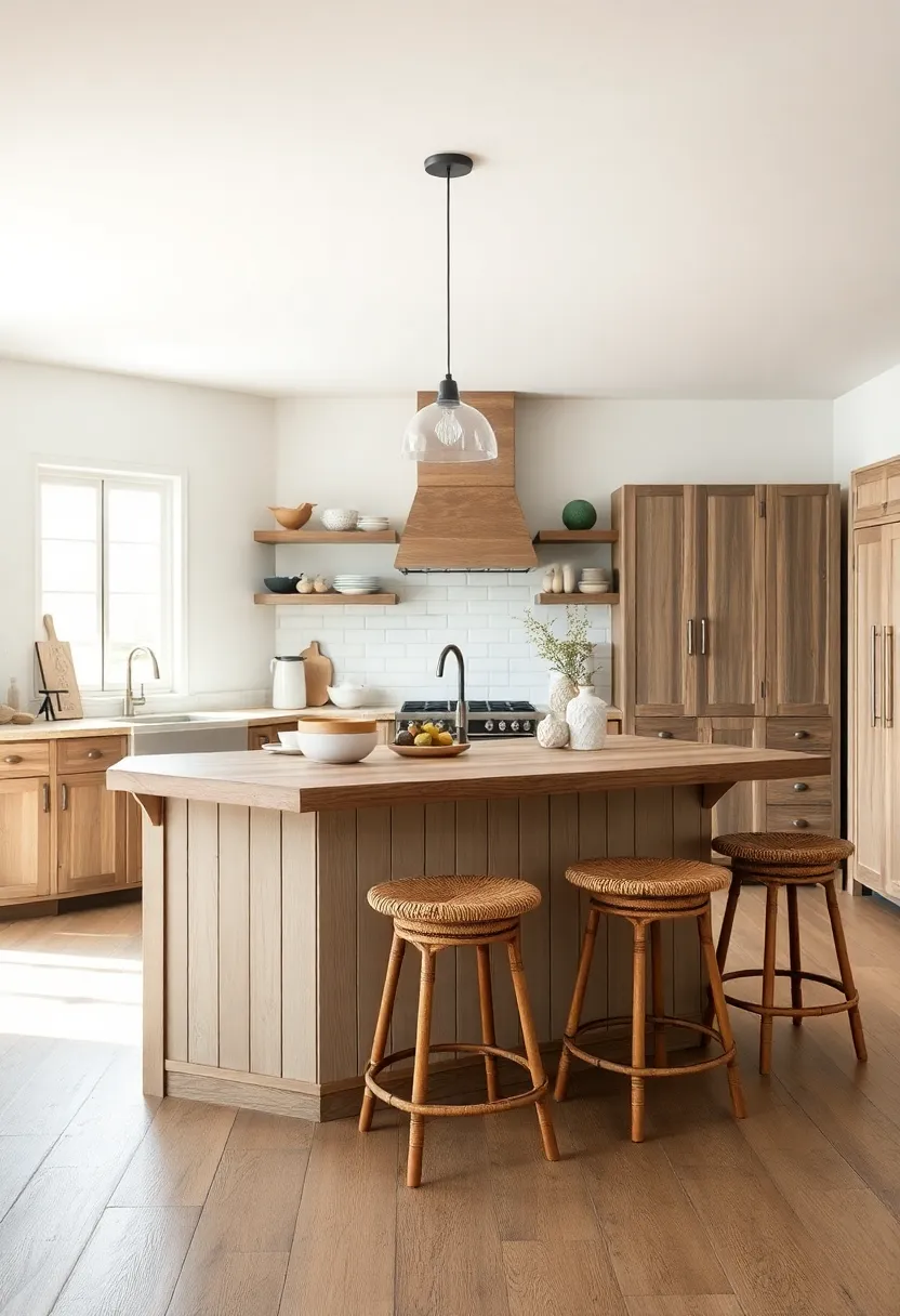 A simple, sturdy island with plank siding, a thick wooden top, and a row of woven rattan stools for added texture