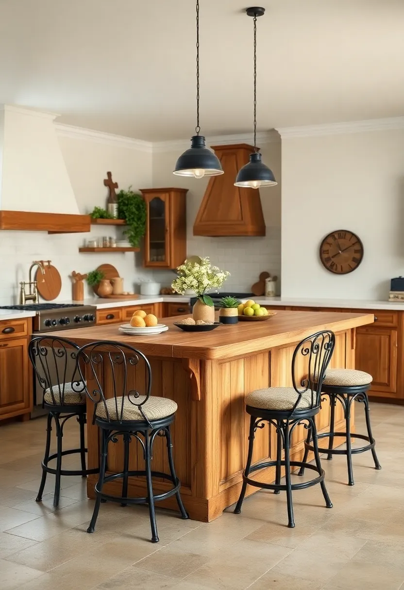A sturdy pine island with wrought iron accents and a breakfast countertop extension