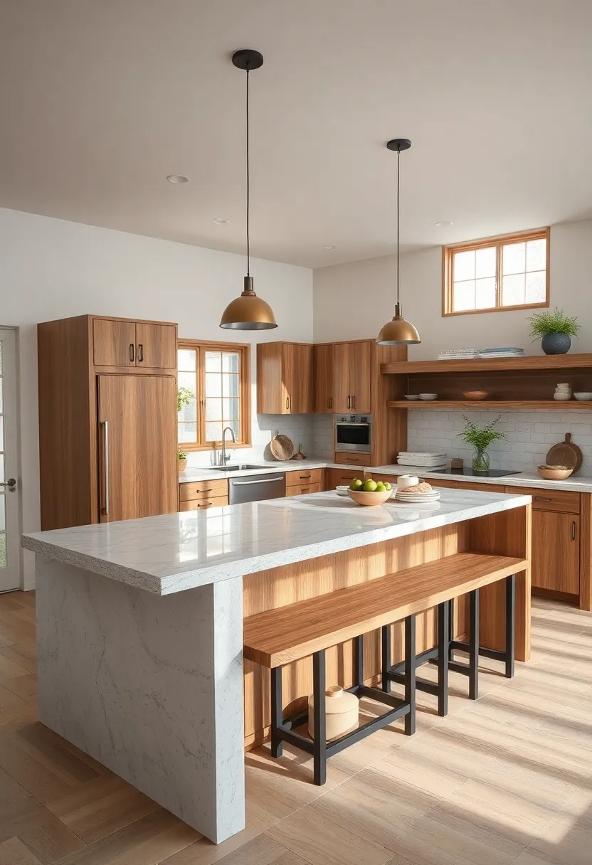 Two-tiered island combining smooth granite surfaces and raw wood seating to blend elegance with rustic charm