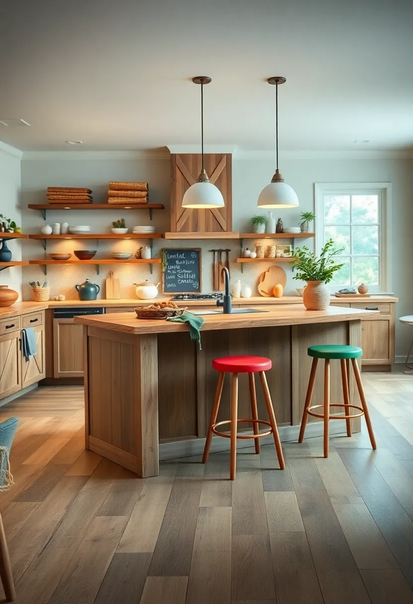Two-tone island with a chalkboard front and a row of colorful stools for a playful yet rustic look
