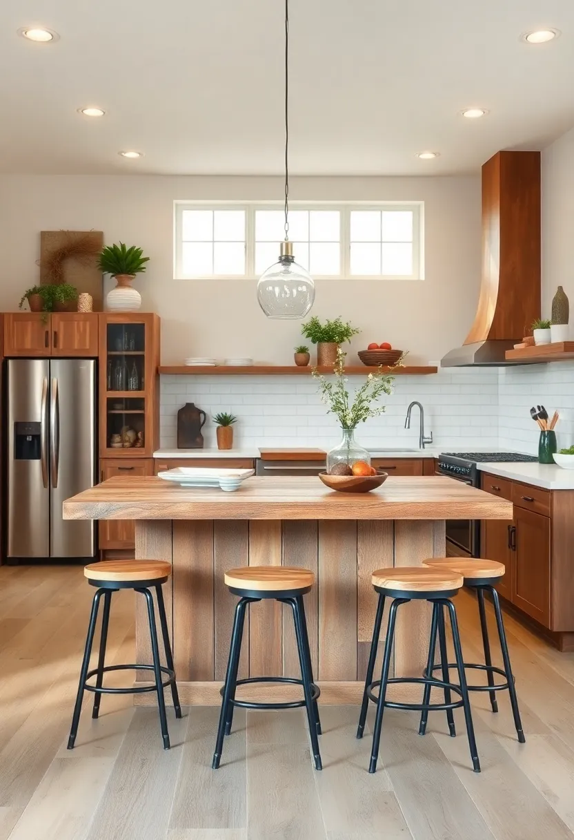 vintage-inspired island combining weathered wood and metal stools for a balanced rustic-industrial vibe
