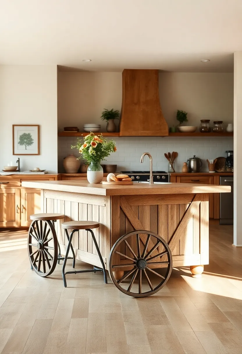 A wagon-style kitchen island with rustic wheels and a bar-length wooden countertop for casual meals