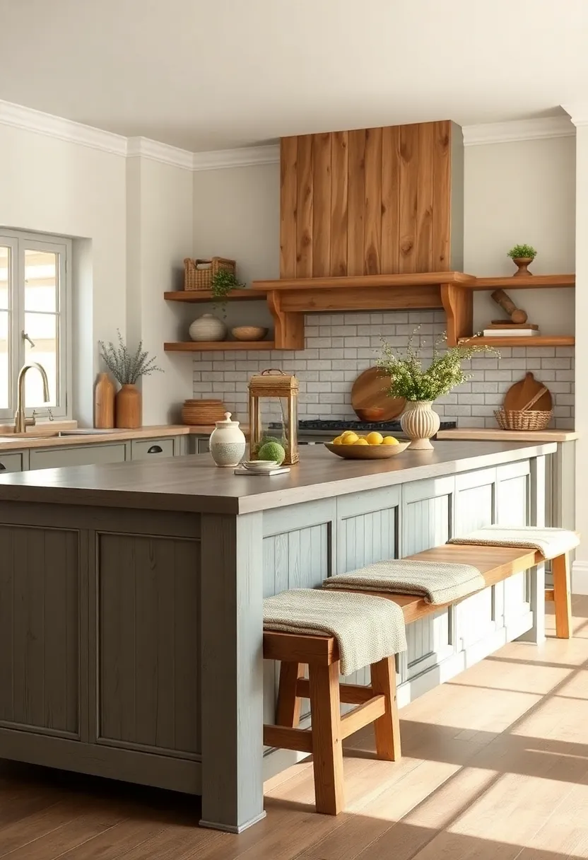 Weathered gray island paired with bench seating that doubles as extra storage in a country-style kitchen