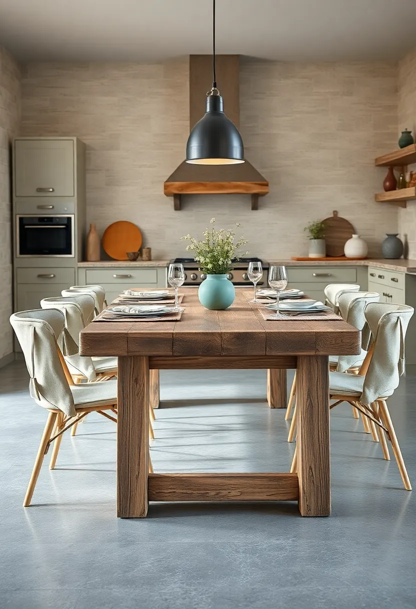 Aged⁣ Barnwood Dining ⁢Table​ Set ‌with Mismatched ‌Chairs‍ and Linen Placemats Surrounded by⁢ Soft Ambient Lighting