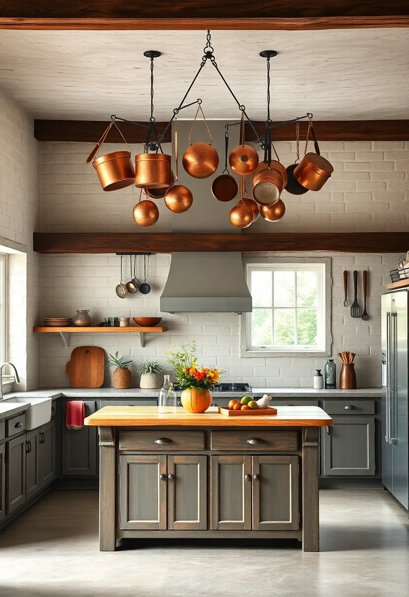 Antique Copper Pots and⁣ Utensils Hanging above a ‍Vintage Farmhouse Kitchen Island Create Nostalgic Charm