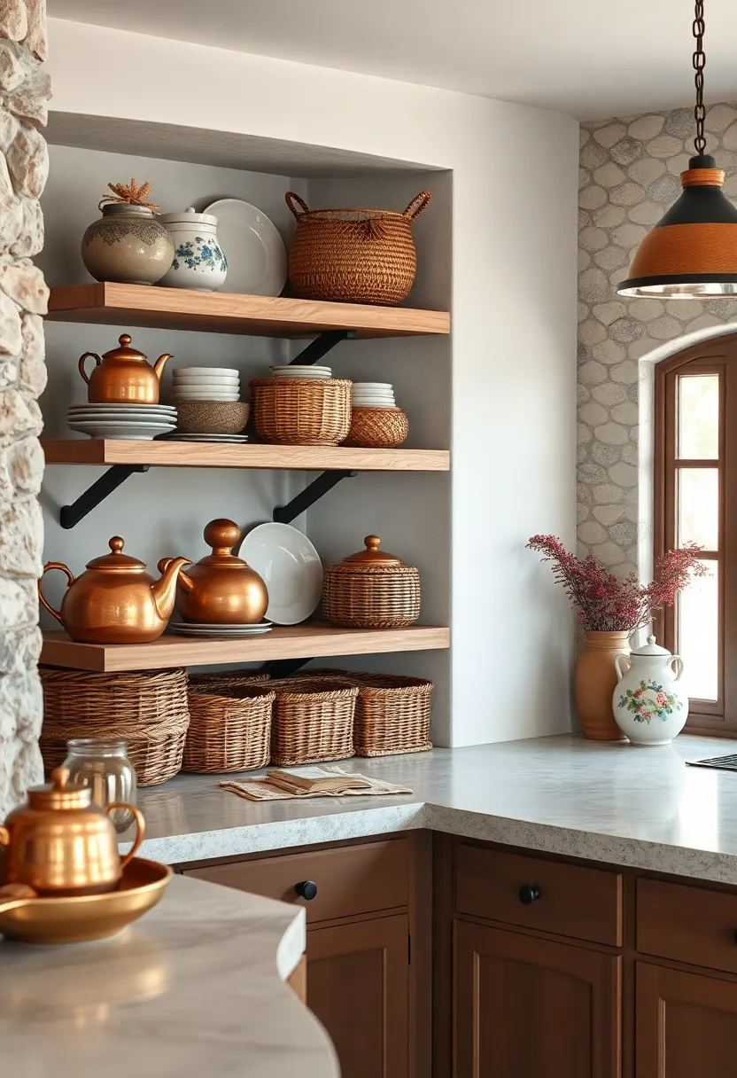 Copper Tea Kettles and Woven Baskets Stacked Neatly⁢ on Shelves Next ⁤to ​Hand-Painted Pottery