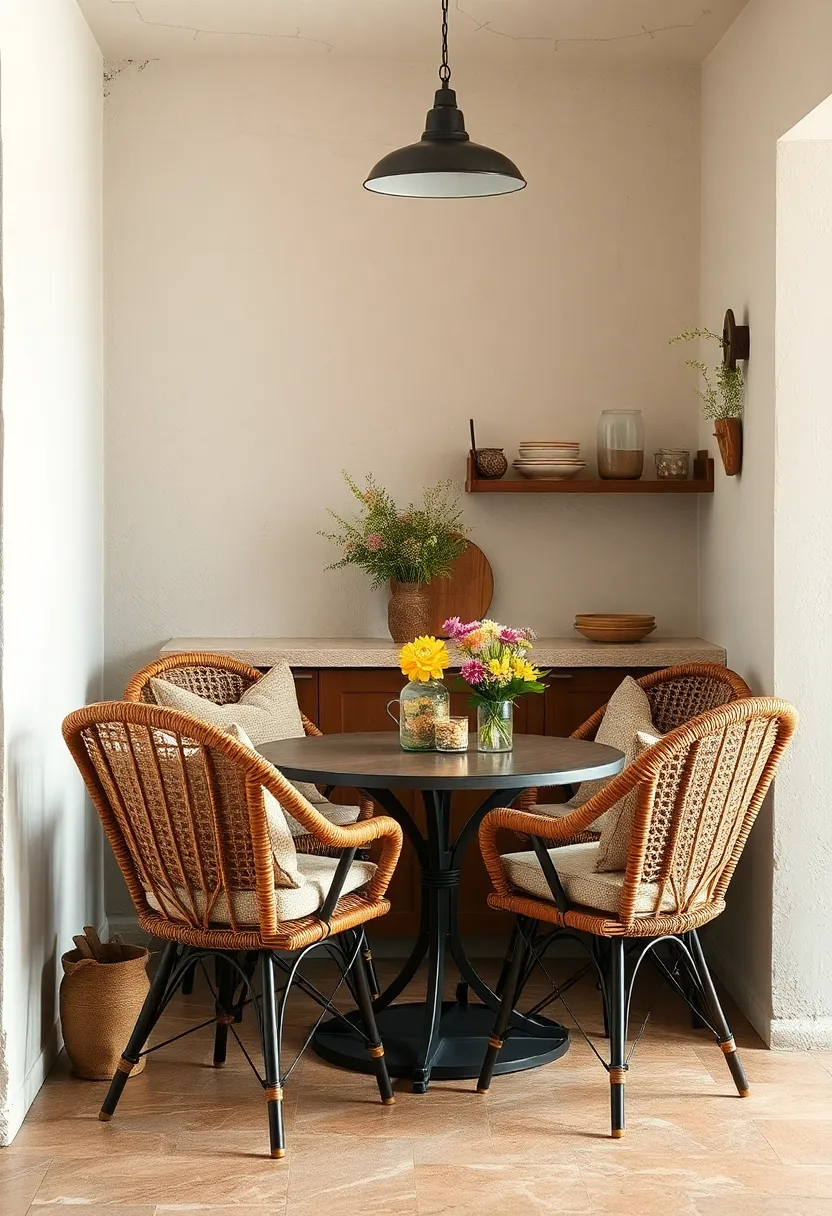 Cozy Corner Breakfast Nook with Woven Chairs, Burlap⁣ Cushions, and‌ Freshly Picked Wildflowers